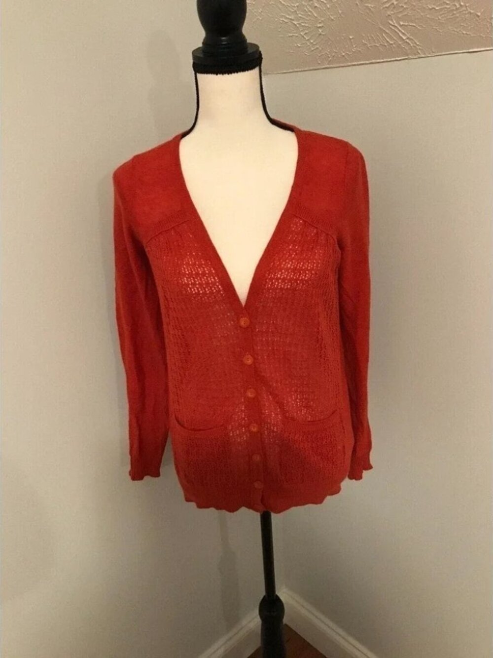 Anthropologie Sparrow Rust Orange Open Knit Linen Cardigan M